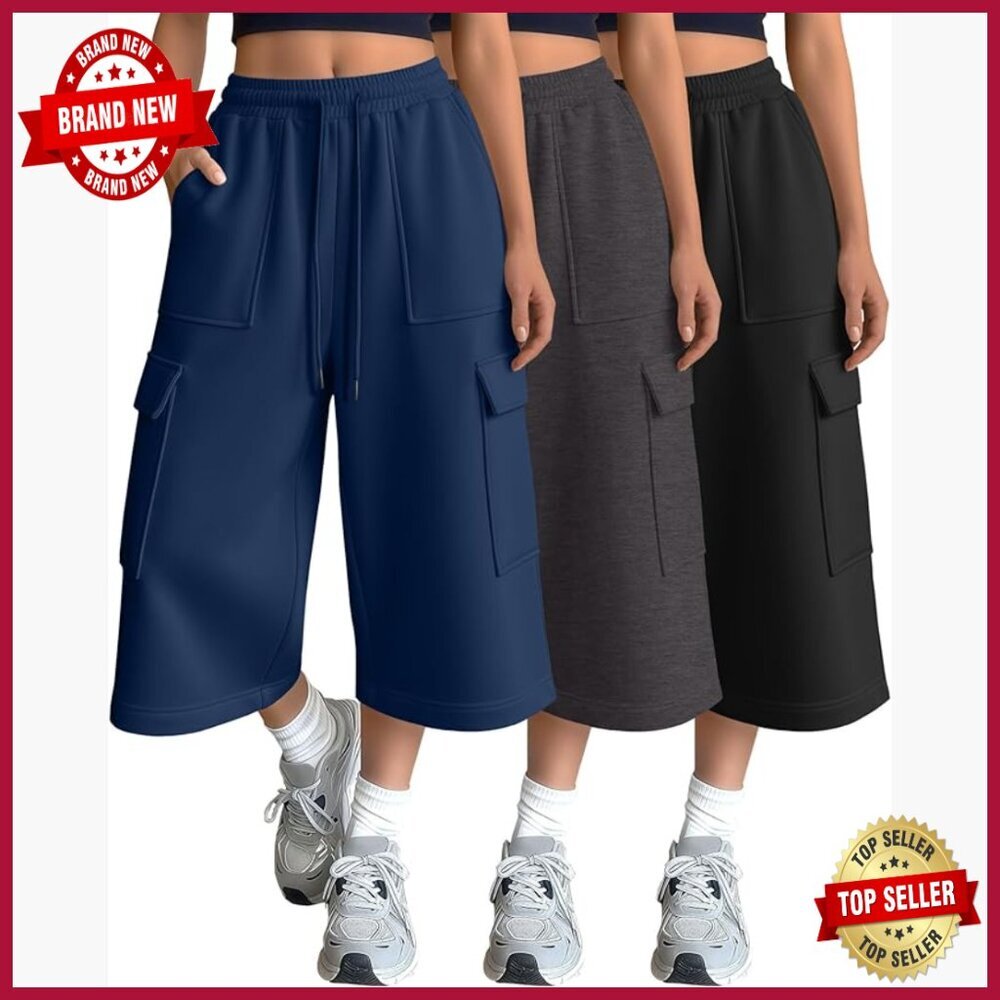 3 Pack Women's Cargo Sweatpants Wide Leg Cropped Capri Drawstring Pants